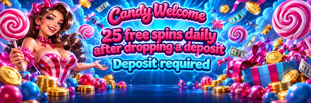 Glossy 3D cartoon woman presenting a giant blue lollipop, wrapped candies, coins, and floating banknotes against blue rays with pink accents.